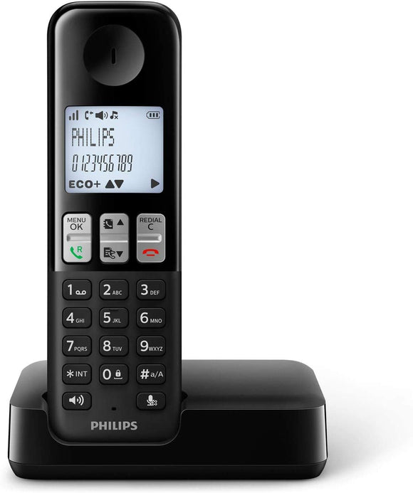 Philips D2301B/38 -Teléfono DECT, Altavoz, 50 entradas, Identificador de Llamadas, Negro